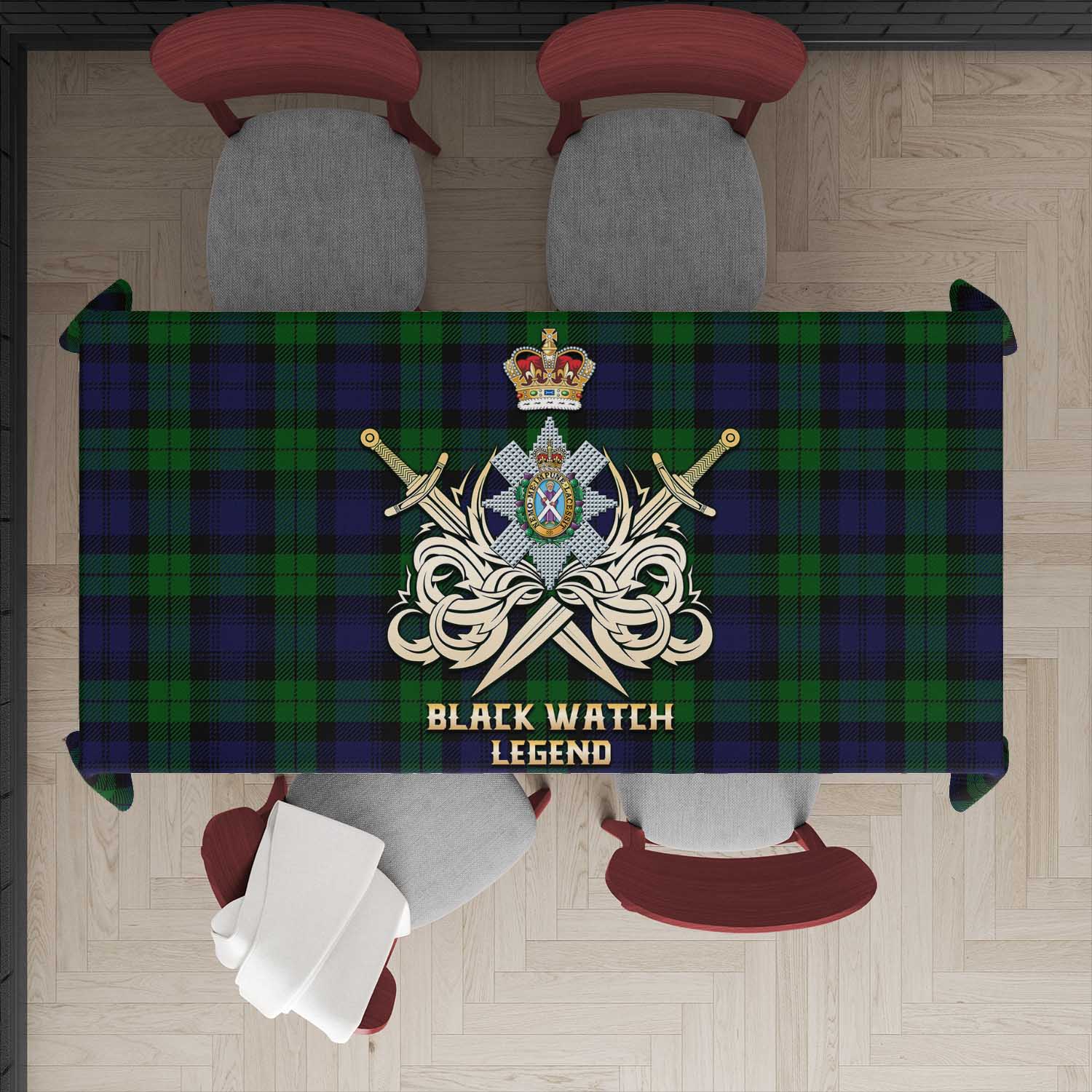 Tartan Vibes Clothing Black Watch Tartan Tablecloth with Clan Crest and the Golden Sword of Courageous Legacy