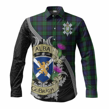 Tartan Vibes Clothing Black Watch Tartan Family Crest Long Sleeve Button Shirt Lion Rampant Royal Thistle Shield Celtic Inspired