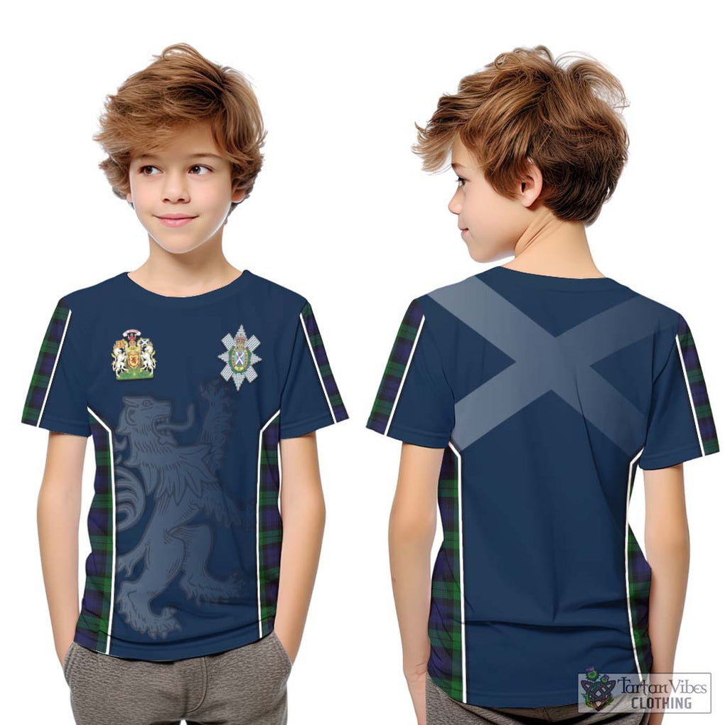 Black Watch Tartan Kid T-Shirt with Family Crest and Lion Rampant Vibes Sport Style Youth XL Size14 - Tartan Vibes Clothing