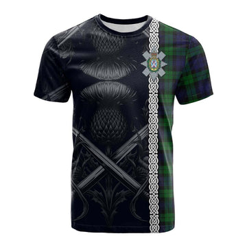 Tartan Vibes Clothing Black Watch Tartan Cotton T-shirt with Family Crest Cross Sword Thistle Celtic Vibes