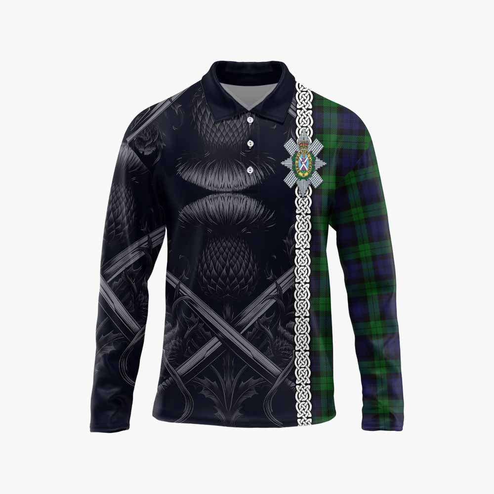 Tartan Vibes Clothing Black Watch Tartan Long Sleeve Polo Shirt with Family Crest Cross Sword Thistle Celtic Vibes