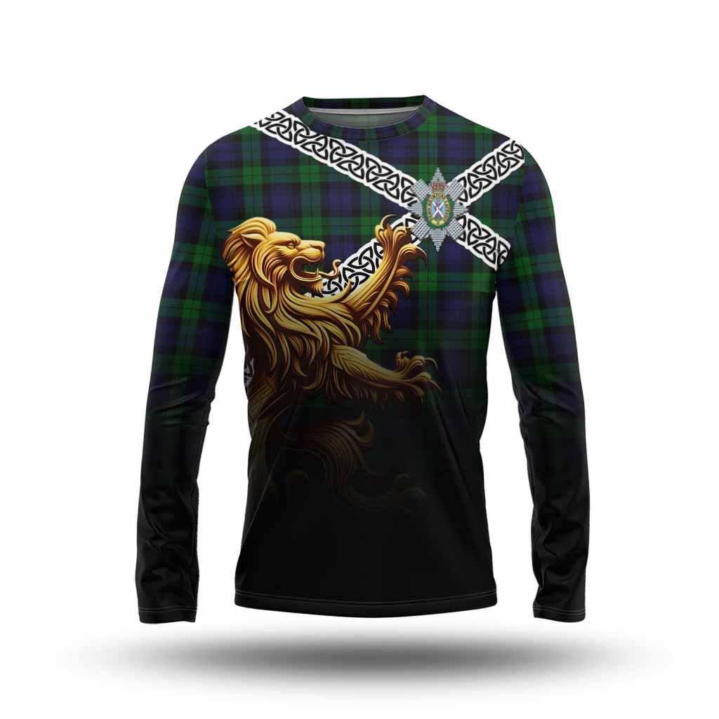 Tartan Vibes Clothing Black Watch Crest Tartan Long Sleeve T-Shirt with Golden Lion Emblem Celtic Style