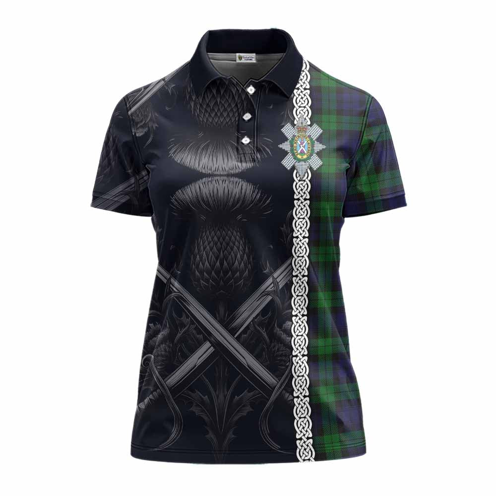 Tartan Vibes Clothing Black Watch Tartan Women's Polo Shirt with Family Crest Cross Sword Thistle Celtic Vibes