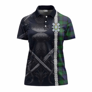 Tartan Vibes Clothing Black Watch Tartan Women's Polo Shirt with Family Crest Cross Sword Thistle Celtic Vibes