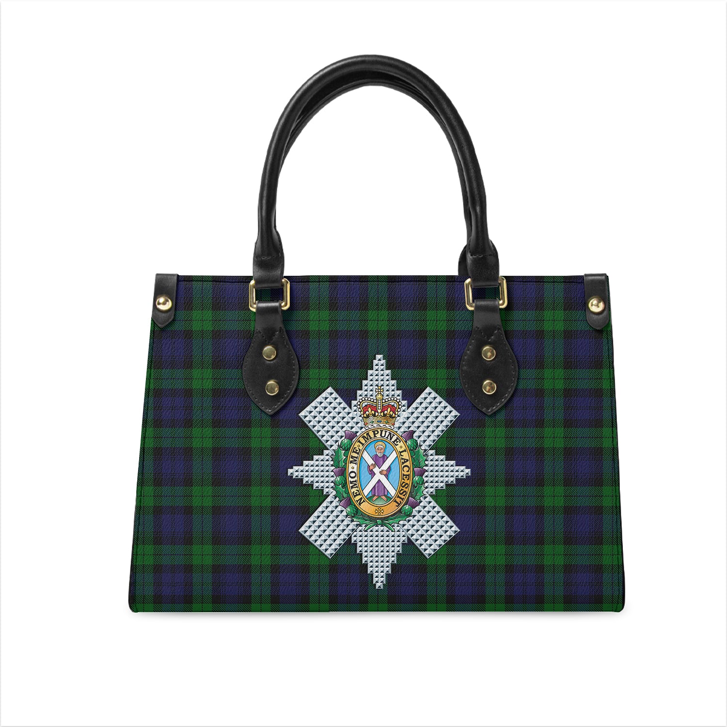 Black Watch Tartan Leather Bag with Family Crest One Size 29*11*20 cm - Tartanvibesclothing