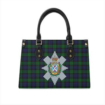 Black Watch Tartan Leather Bag with Family Crest