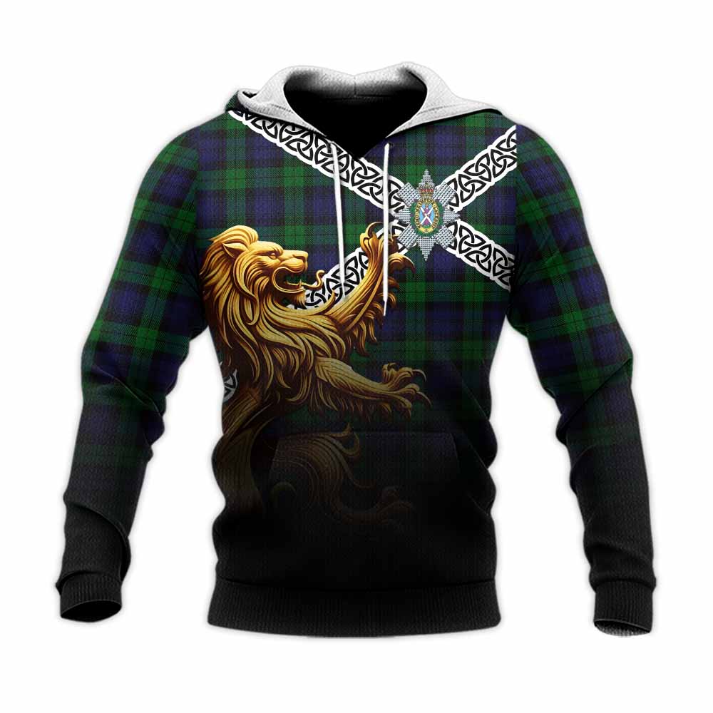 Tartan Vibes Clothing Black Watch Crest Tartan Knitted Hoodie with Golden Lion Emblem Celtic Style