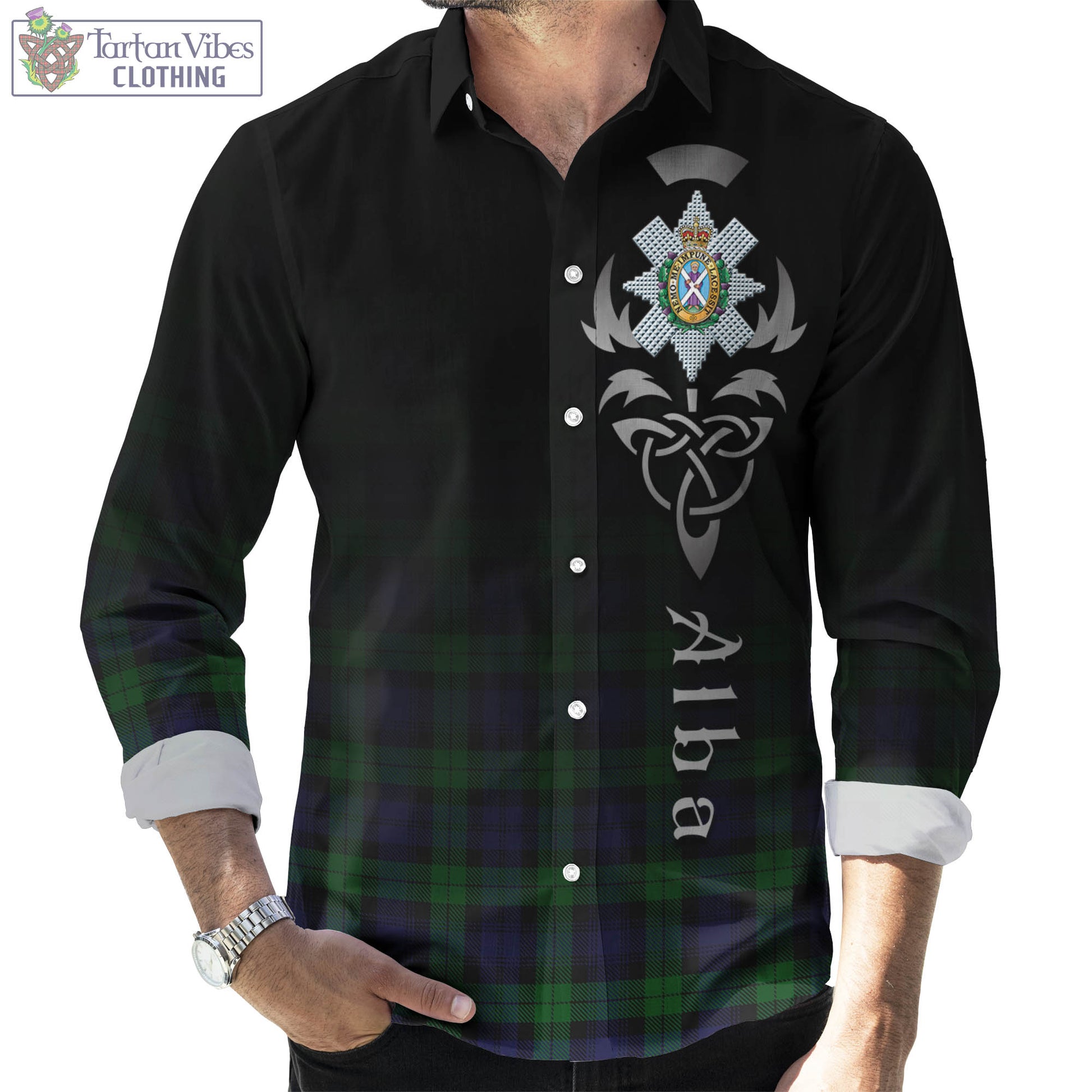 Tartan Vibes Clothing Black Watch Tartan Long Sleeve Button Up Featuring Alba Gu Brath Family Crest Celtic Inspired