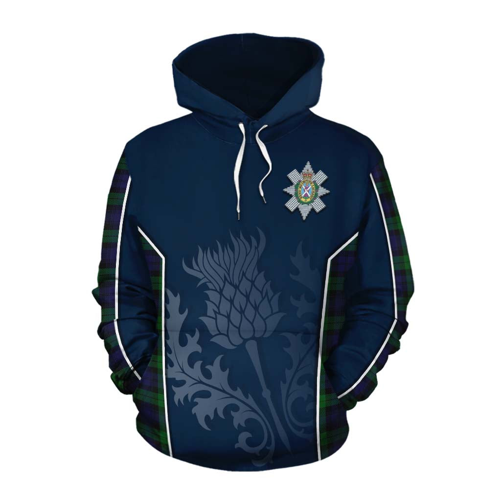 Tartan Vibes Clothing Black Watch Tartan Cotton Hoodie with Family Crest and Scottish Thistle Vibes Sport Style