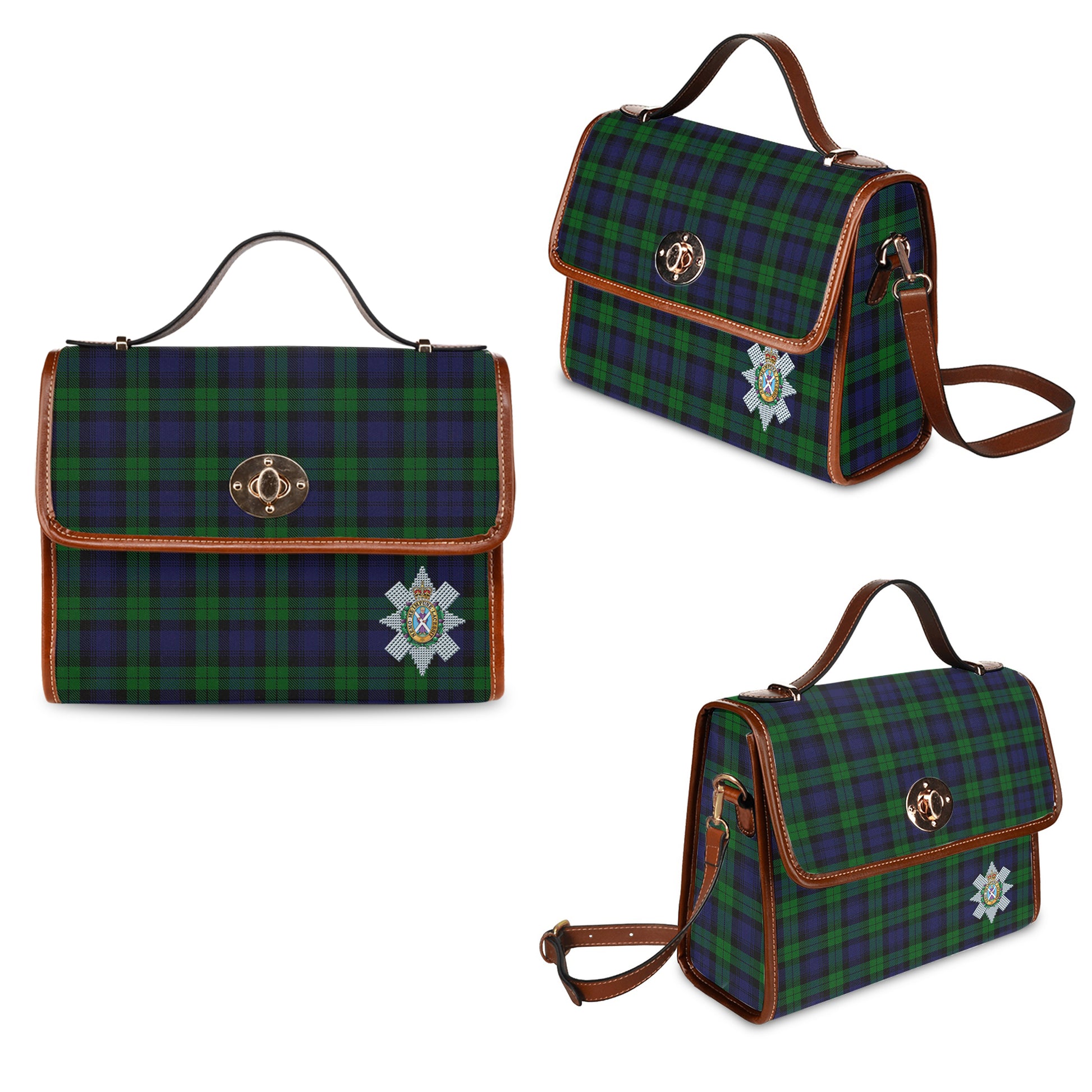 Black Watch Tartan Leather Strap Waterproof Canvas Bag with Family Crest One Size 34cm * 42cm (13.4" x 16.5") - Tartanvibesclothing