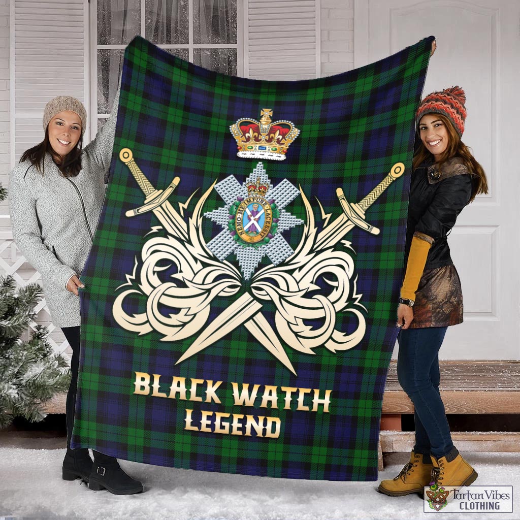 Tartan Vibes Clothing Black Watch Tartan Blanket with Clan Crest and the Golden Sword of Courageous Legacy