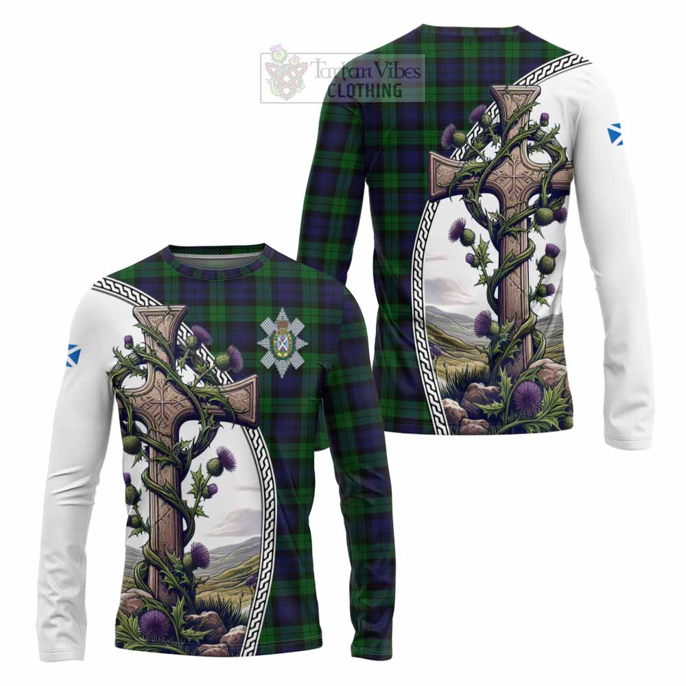 Tartan Vibes Clothing Black Watch Tartan Long Sleeve T-Shirt with Family Crest and St. Andrew's Cross Accented by Thistle Vines