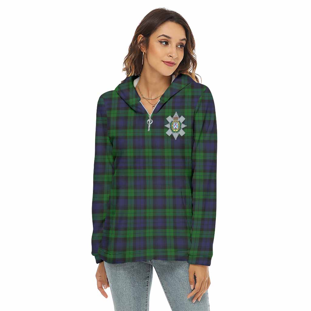 Tartan Vibes Clothing Black Watch Tartan Crest Women's Borg  Half Zip Fleece Hoodie