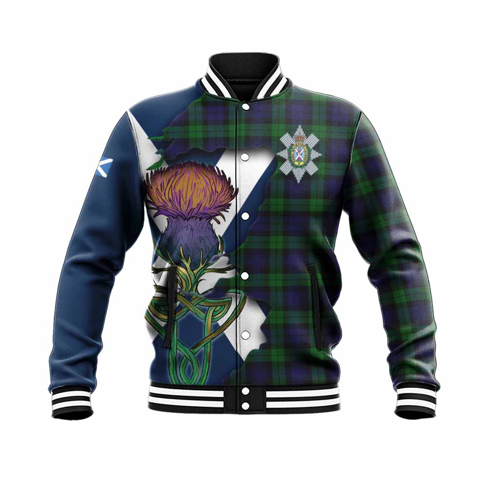 Tartan Vibes Clothing Black Watch Tartan Family Crest Baseball Jacket Scottish Thistle Celtic Inspired