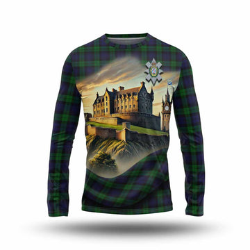 Black Watch Tartan Family Crest Long Sleeve T-Shirt with Scottish Ancient Castle Style