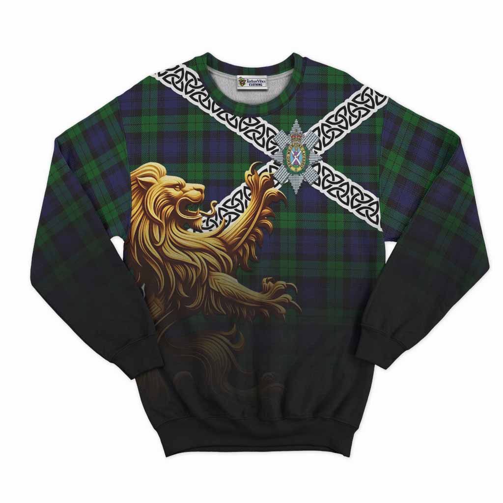 Tartan Vibes Clothing Black Watch Crest Tartan Sweatshirt with Golden Lion Emblem Celtic Style