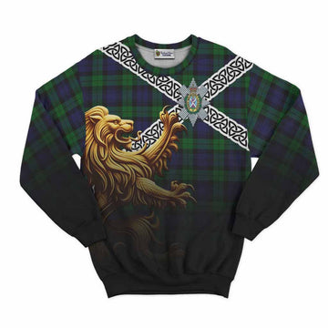 Tartan Vibes Clothing Black Watch Crest Tartan Sweatshirt with Golden Lion Emblem Celtic Style