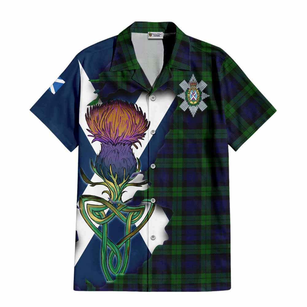 Tartan Vibes Clothing Black Watch Tartan Family Crest Short Sleeve Button Shirt Scottish Thistle Celtic Inspired