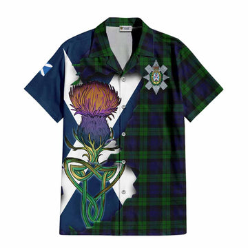 Tartan Vibes Clothing Black Watch Tartan Family Crest Short Sleeve Button Shirt Scottish Thistle Celtic Inspired