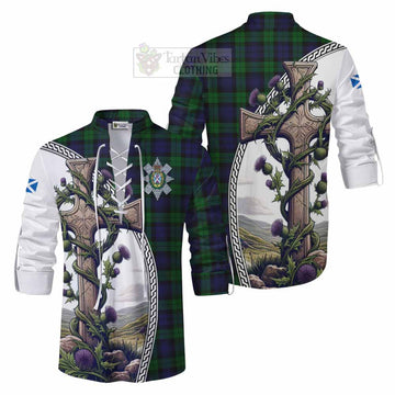 Tartan Vibes Clothing Black Watch Tartan Ghillie Kilt Shirt with Family Crest and St. Andrew's Cross Accented by Thistle Vines