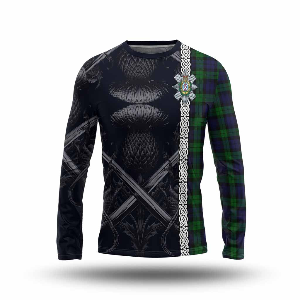 Tartan Vibes Clothing Black Watch Tartan Long Sleeve T-Shirt with Family Crest Cross Sword Thistle Celtic Vibes