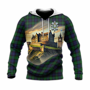 Tartan Vibes Clothing Black Watch Tartan Family Crest Knitted Hoodie with Scottish Ancient Castle Style