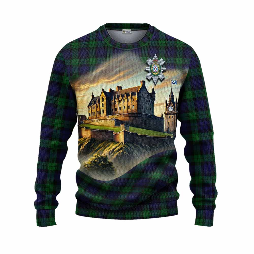 Tartan Vibes Clothing Black Watch Tartan Family Crest Knitted Sweater with Scottish Ancient Castle Style