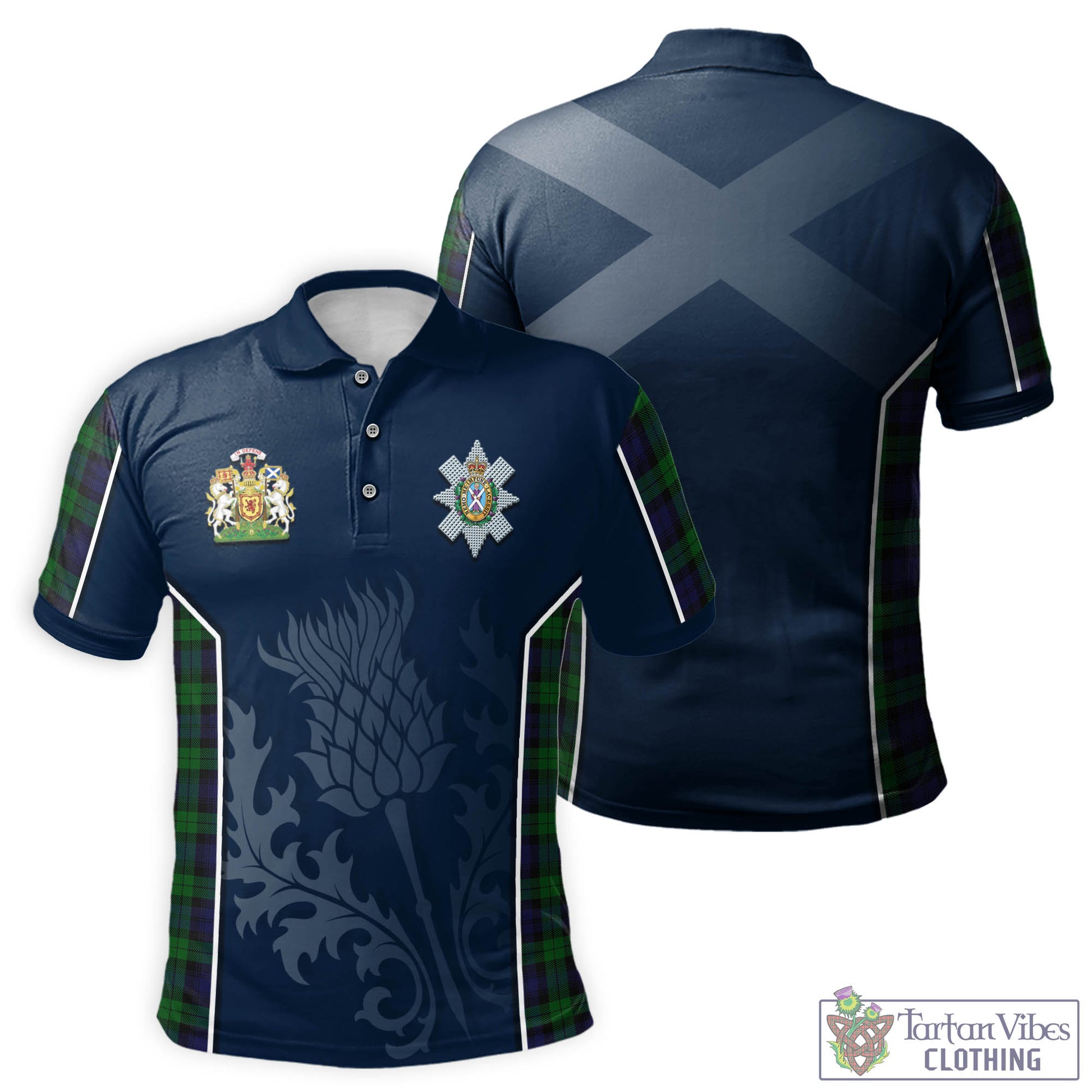Tartan Vibes Clothing Black Watch Tartan Men's Polo Shirt with Family Crest and Scottish Thistle Vibes Sport Style