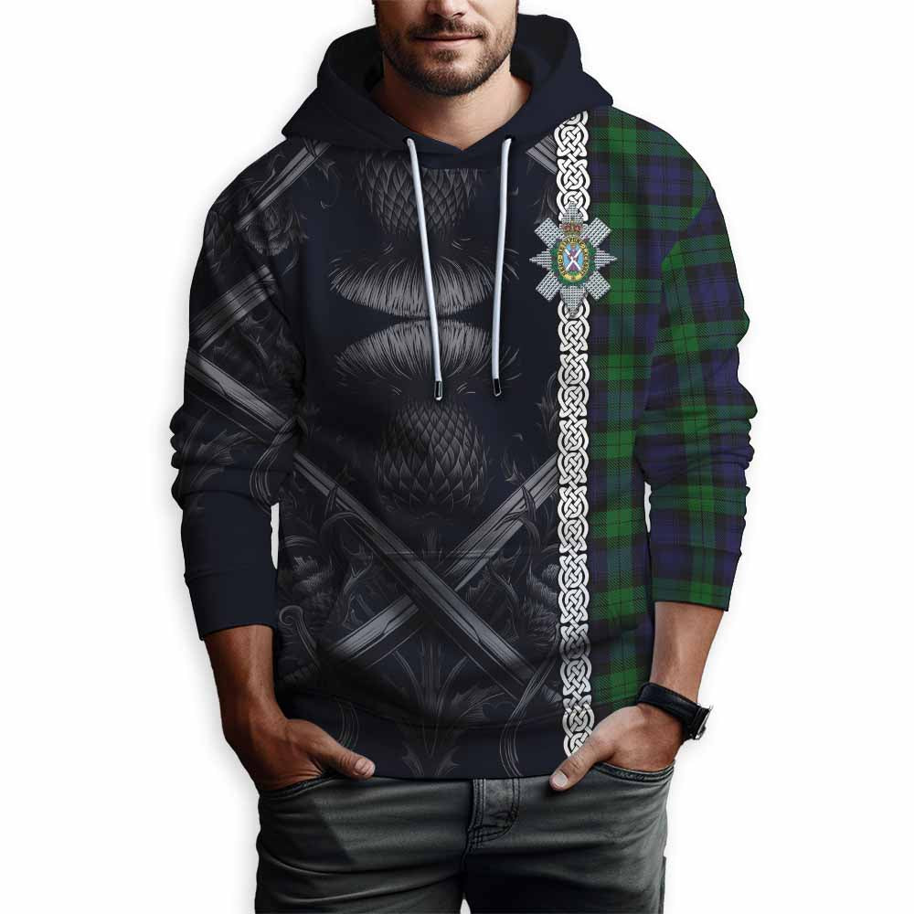 Tartan Vibes Clothing Black Watch Tartan Hoodie with Family Crest Cross Sword Thistle Celtic Vibes