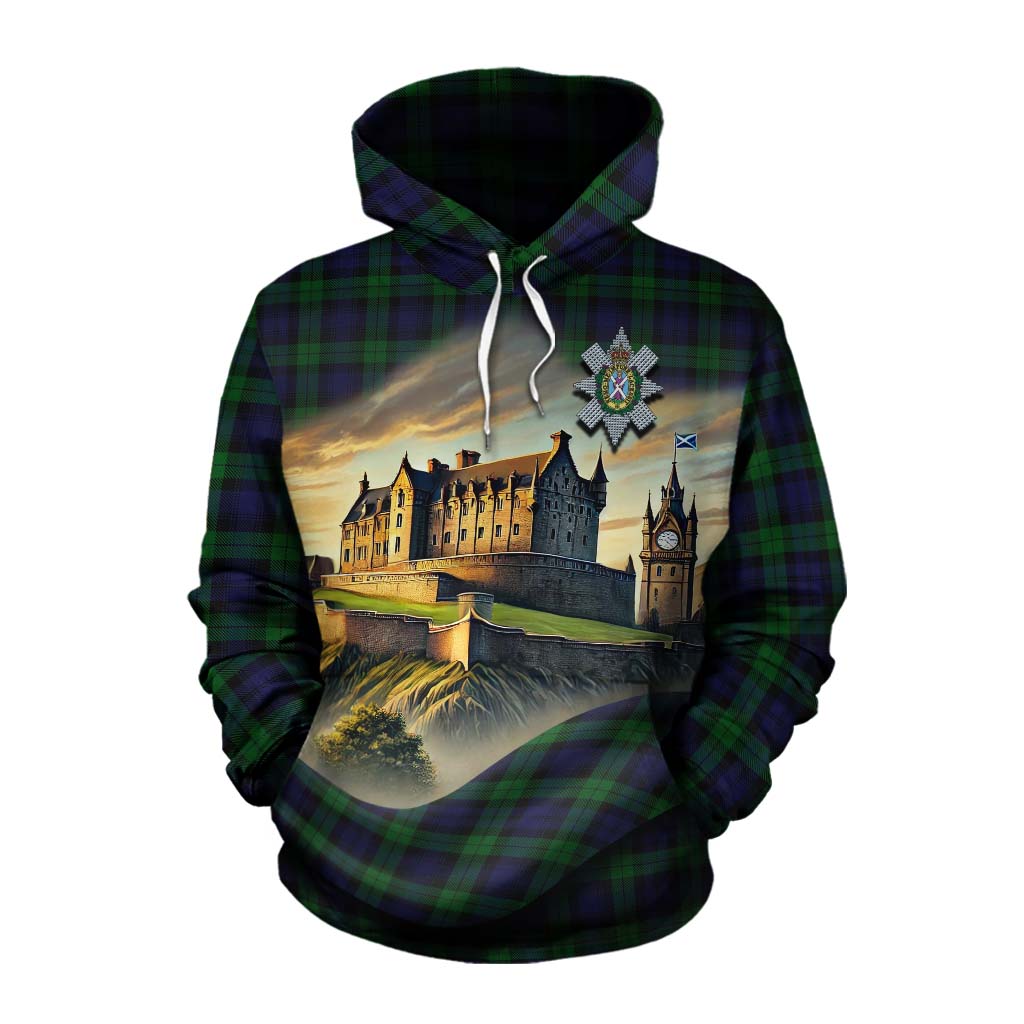 Tartan Vibes Clothing Black Watch Tartan Family Crest Cotton Hoodie with Scottish Ancient Castle Style