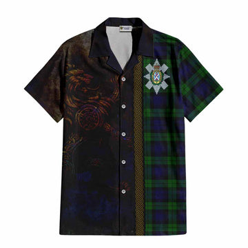 Tartan Vibes Clothing Black Watch Tartan Family Crest Short Sleeve Button Shirt Alba Gu Brath Be Brave Lion Ancient Style