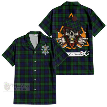 Black Watch Tartan Hawaiian Shirt with Family Crest and Bearded Skull Holding Bottles of Whiskey