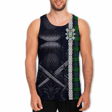 Tartan Vibes Clothing Black Watch Tartan Men's Tank Top with Family Crest Cross Sword Thistle Celtic Vibes