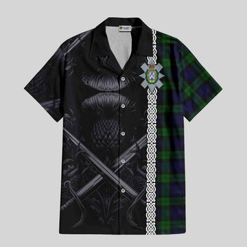 Tartan Vibes Clothing Black Watch Tartan Short Sleeve Button Shirt with Family Crest Cross Sword Thistle Celtic Vibes