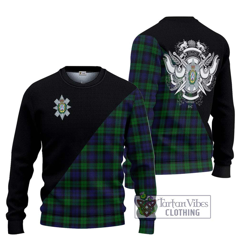 Black Watch Tartan Knitted Sweater with Family Crest and Military Logo Style Unisex - Tartanvibesclothing Shop