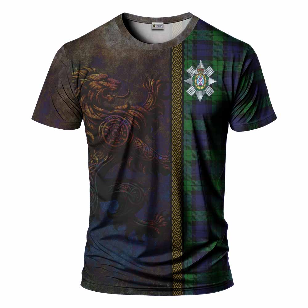 Tartan Vibes Clothing Black Watch Tartan Family Crest T-Shirt Alba Gu Brath Be Brave Lion Ancient Style