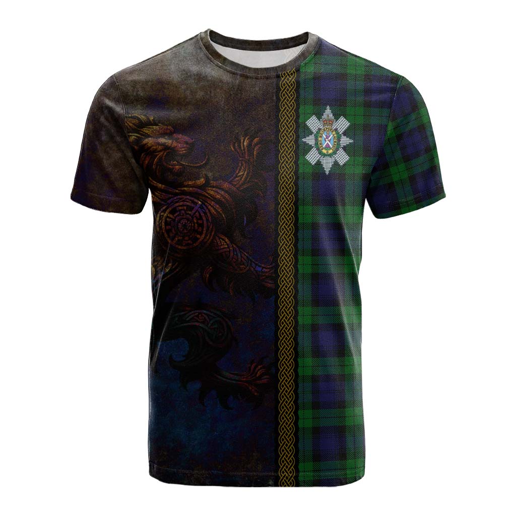 Tartan Vibes Clothing Black Watch Tartan Family Crest Cotton T-shirt Alba Gu Brath Be Brave Lion Ancient Style