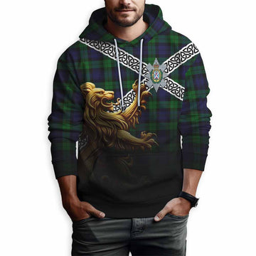 Black Watch Crest Tartan Hoodie with Golden Lion Emblem Celtic Style