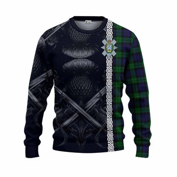 Tartan Vibes Clothing Black Watch Tartan Knitted Sweater with Family Crest Cross Sword Thistle Celtic Vibes