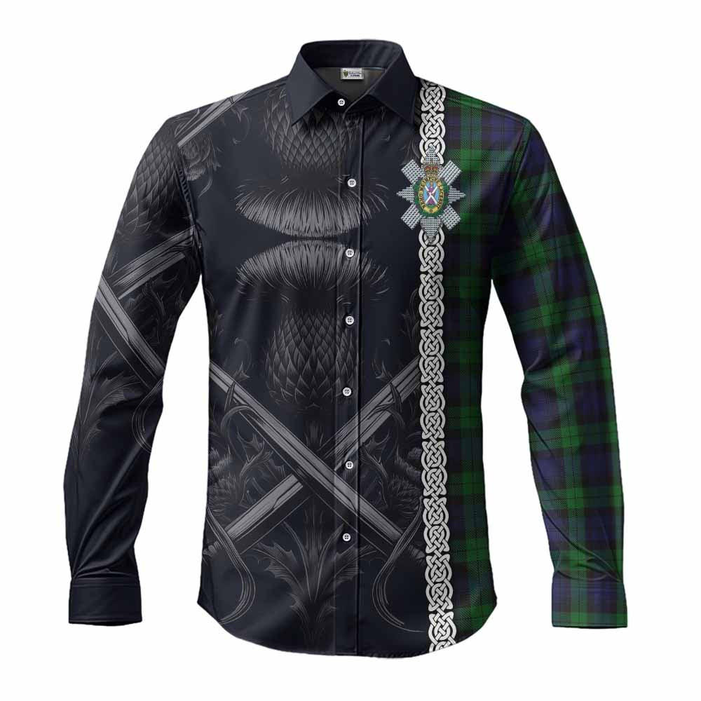 Tartan Vibes Clothing Black Watch Tartan Long Sleeve Button Shirt with Family Crest Cross Sword Thistle Celtic Vibes