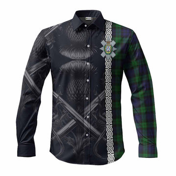 Tartan Vibes Clothing Black Watch Tartan Long Sleeve Button Shirt with Family Crest Cross Sword Thistle Celtic Vibes