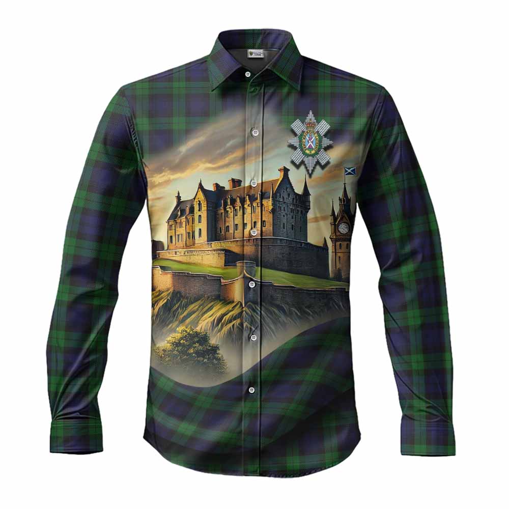 Tartan Vibes Clothing Black Watch Tartan Family Crest Long Sleeve Button Shirt with Scottish Ancient Castle Style