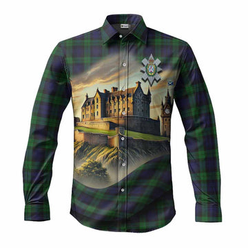 Tartan Vibes Clothing Black Watch Tartan Family Crest Long Sleeve Button Shirt with Scottish Ancient Castle Style