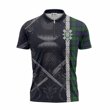 Black Watch Tartan Zipper Polo Shirt with Family Crest Cross Sword Thistle Celtic Vibes
