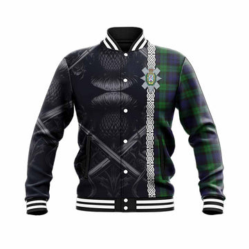 Tartan Vibes Clothing Black Watch Tartan Baseball Jacket with Family Crest Cross Sword Thistle Celtic Vibes