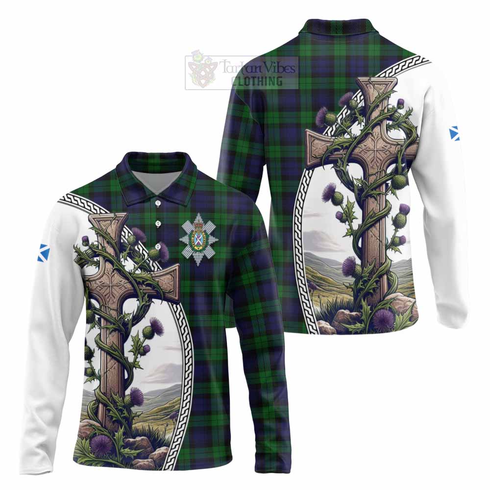 Tartan Vibes Clothing Black Watch Tartan Long Sleeve Polo Shirt with Family Crest and St. Andrew's Cross Accented by Thistle Vines