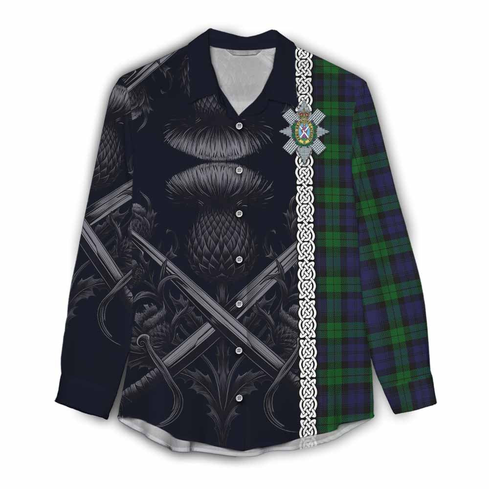Tartan Vibes Clothing Black Watch Tartan Women's Casual Shirt with Family Crest Cross Sword Thistle Celtic Vibes