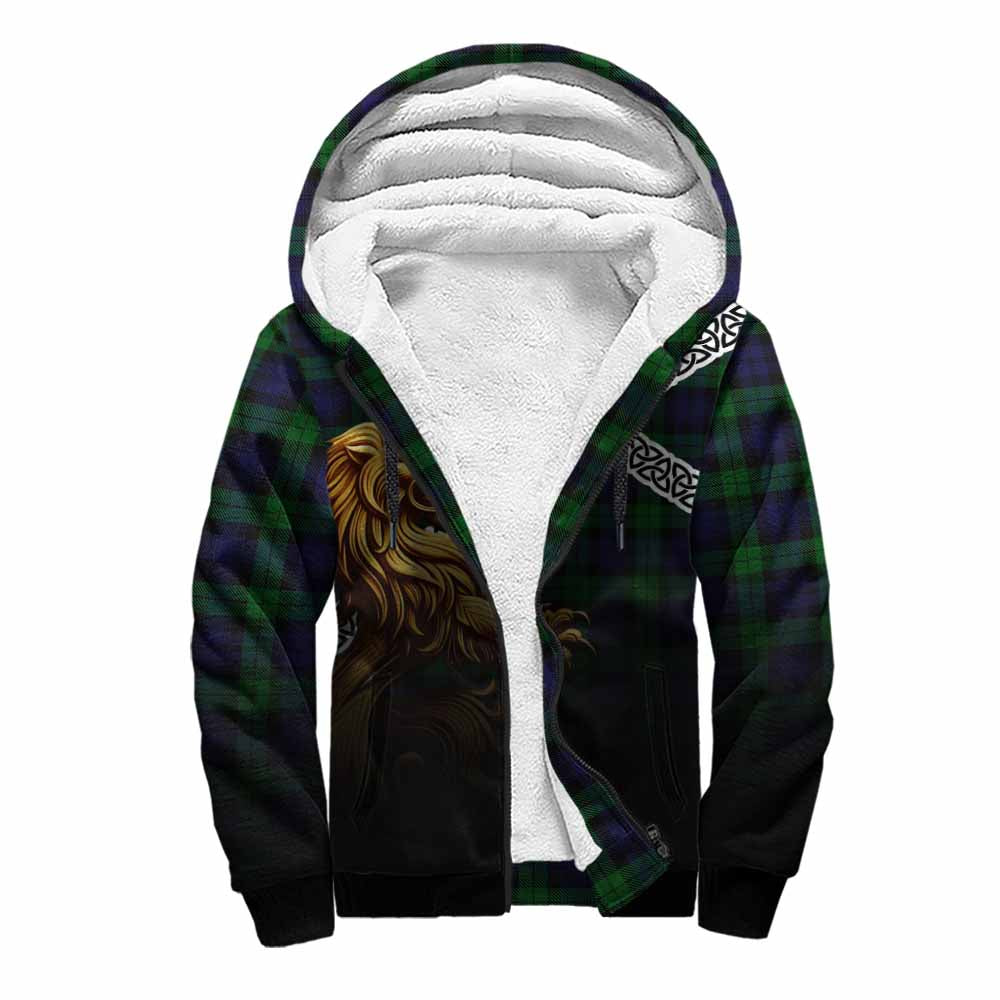 Tartan Vibes Clothing Black Watch Crest Tartan Sherpa Hoodie with Golden Lion Emblem Celtic Style