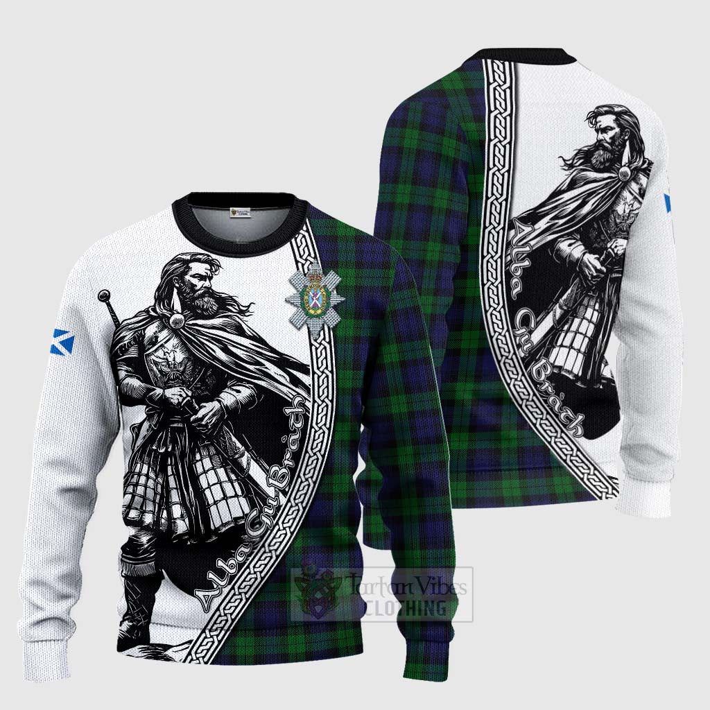 Tartan Vibes Clothing Black Watch Tartan Clan Crest Knitted Sweater with Highlander Warrior Celtic Style