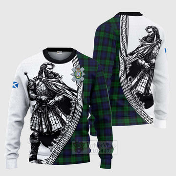 Tartan Vibes Clothing Black Watch Tartan Clan Crest Knitted Sweater with Highlander Warrior Celtic Style